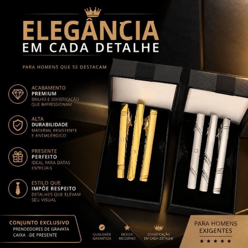 KIT PRENDEDORES DE GRAVATA 6CM (3 DOURADOS E/OU 3 PRATEADOS LUXUOSOS INCLUSO: CAIXA DE PRESENTE
