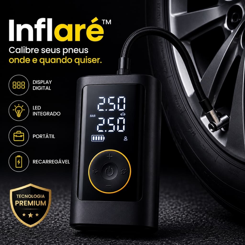 Bomba Ar Digital Portatil Preta Compacta Rapida Automotiva Motos Bicicleta Inflador