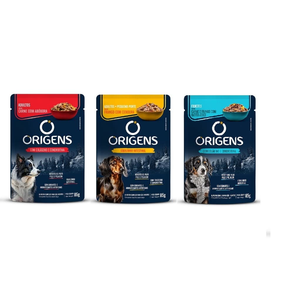 Kit 12un Sachê Origens Cães 85g Sabor Misto (Carne, Frango RP, Filhotes Carne&Frango)