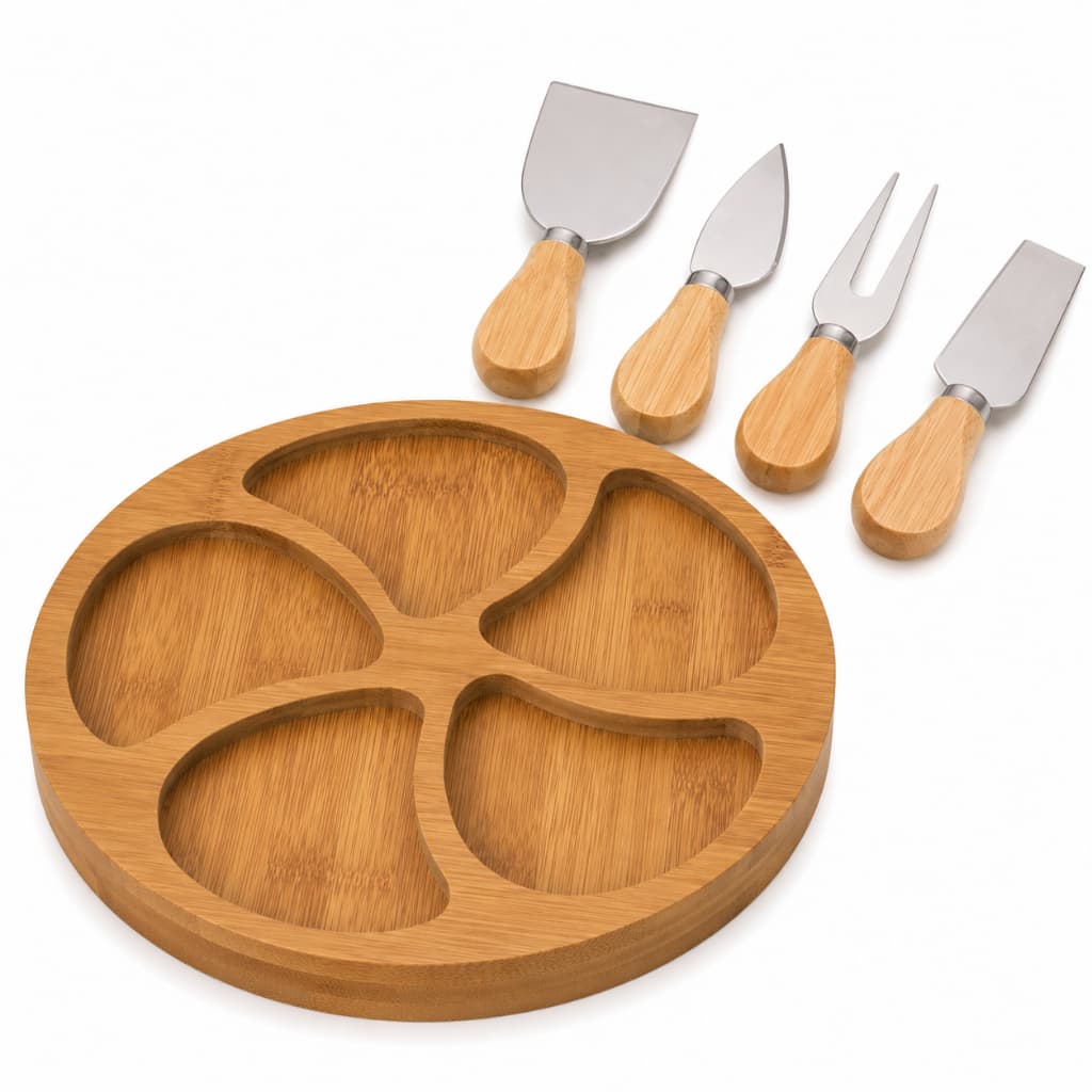 Kit Cozena Petisqueira Redonda com 5 Divisórias MDF, Kit 4 Facas em Aço Inoxidável para Queijo, Frios, Petiscos em Geral