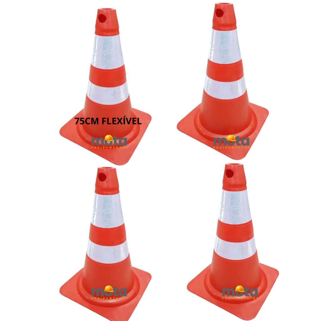 Kit 4 Cone Sinalização Refletivo Flexível Emborrachado 75cm Segurança Trânsito Obras
