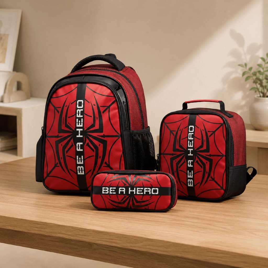 Kit Mochila Costas Grande Escolar Masculina 17l Homem Aranha Com Lancheira E Estojo Spider Hero