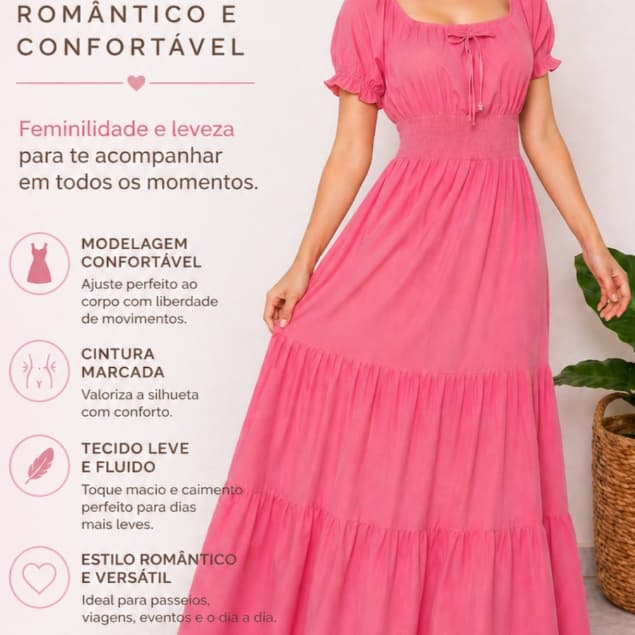 Vestido Longo Feminino Rosa Manga Curta Cintura Ajustada Tecido Leve Casual Elegante Verão