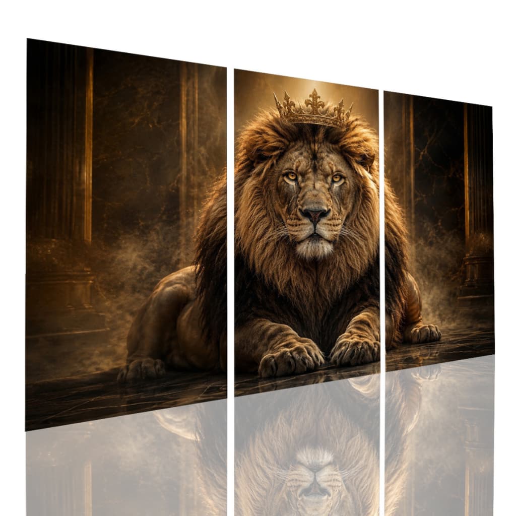 Quadros Decorativos Sala Quarto Leão Rei Coroa Dourada Luxo Kit 3 Peças Moderno MDF