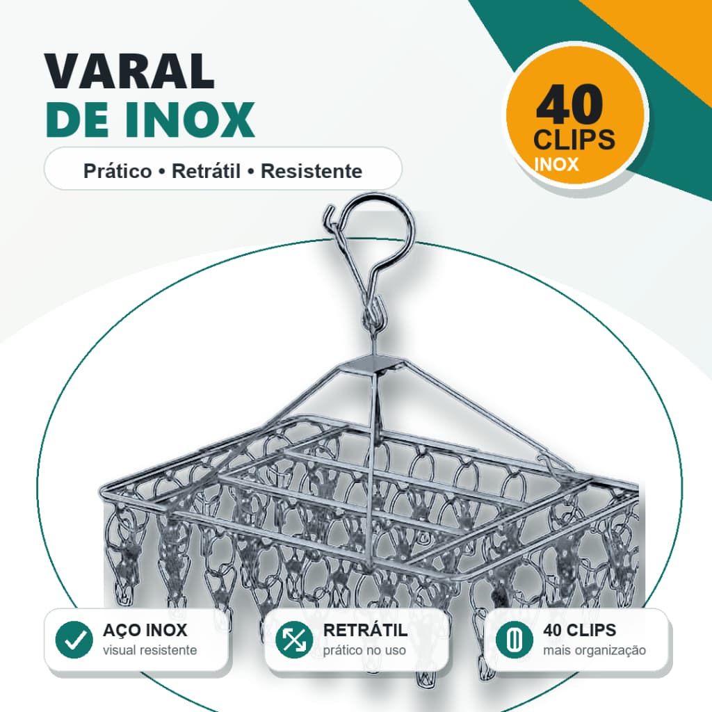 Varal de 40 Clips Inox – Prático, Retrátil e Resistente | Cabide para Roupas Íntimas, Meias e Peças Pequenas
