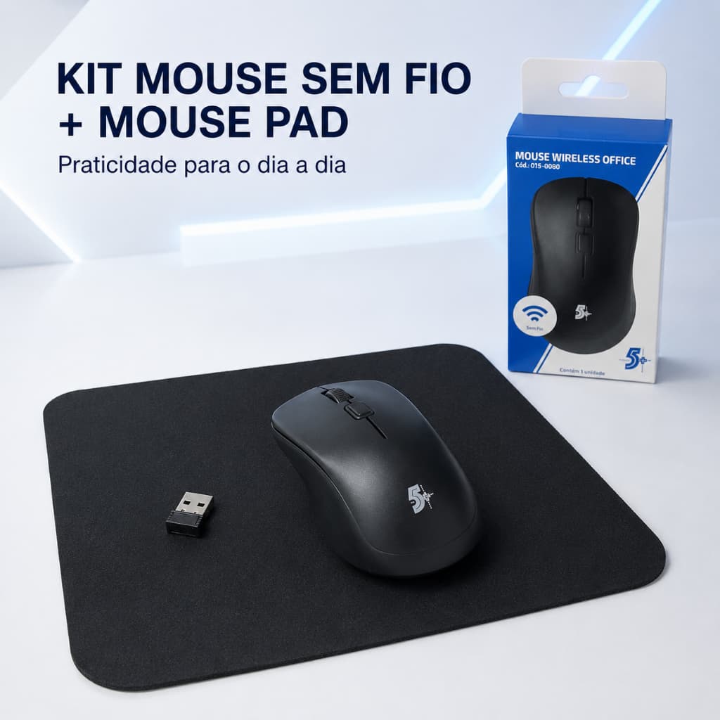 Kit Mouse Sem Fio 2.4GHz 1000 DPI com Mouse Pad 20x24cm para Ambidestro PC Notebook e Home Office