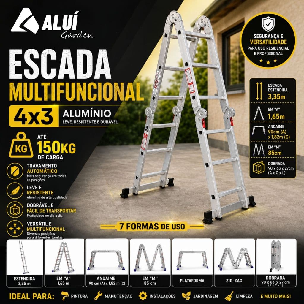 Alui Garden Escada Articulada Multifuncional Aluminio 4x3 12 Degraus 3,35m Dobrável 150Kg Andaime