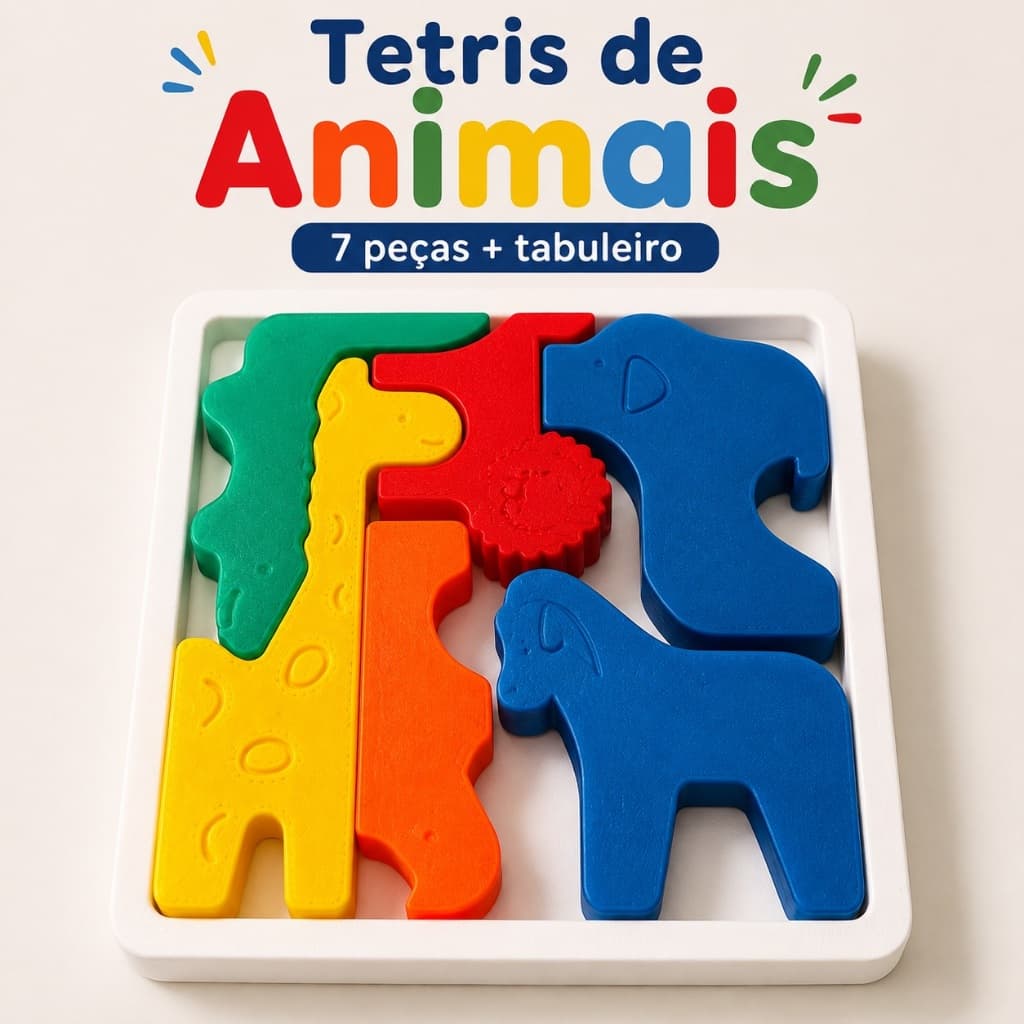 Quebra-Cabeça Tetris de Animais Infantil com Tabuleiro 10x10 e 7 Peças Coloridas Jogo Educativo Envio Imediato