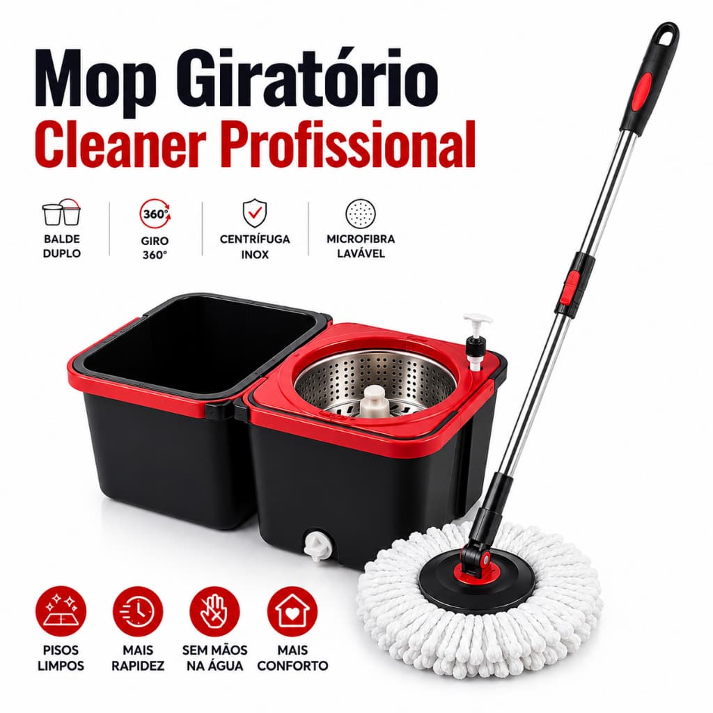 Mop Giratório Cleaner Profissional – Balde Duplo com Centrífuga em Aço Inox, Refil de Microfibra e Cabo Reforçado - MN