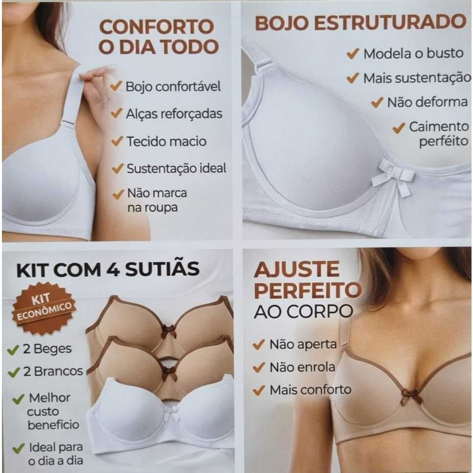 Kit 4 Sutiãs Básico Feminino Reforçado Liso Confortável Bojo Alças Ajustáveis Tecido Macio Sustentação Excelente