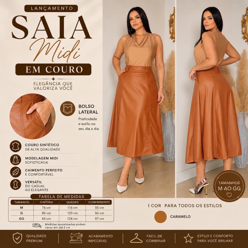 Saia Midi Couro PU Feminina Cintura Alta Evasê com Bolso Lateral Moda Elegante Premium M ao GG