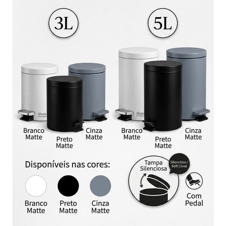 Lixeira 3L/5L Com Pedal Tampa Silenciosa Matte Fosco Moderno Banheiro Cozinha Escritorio Consultorio