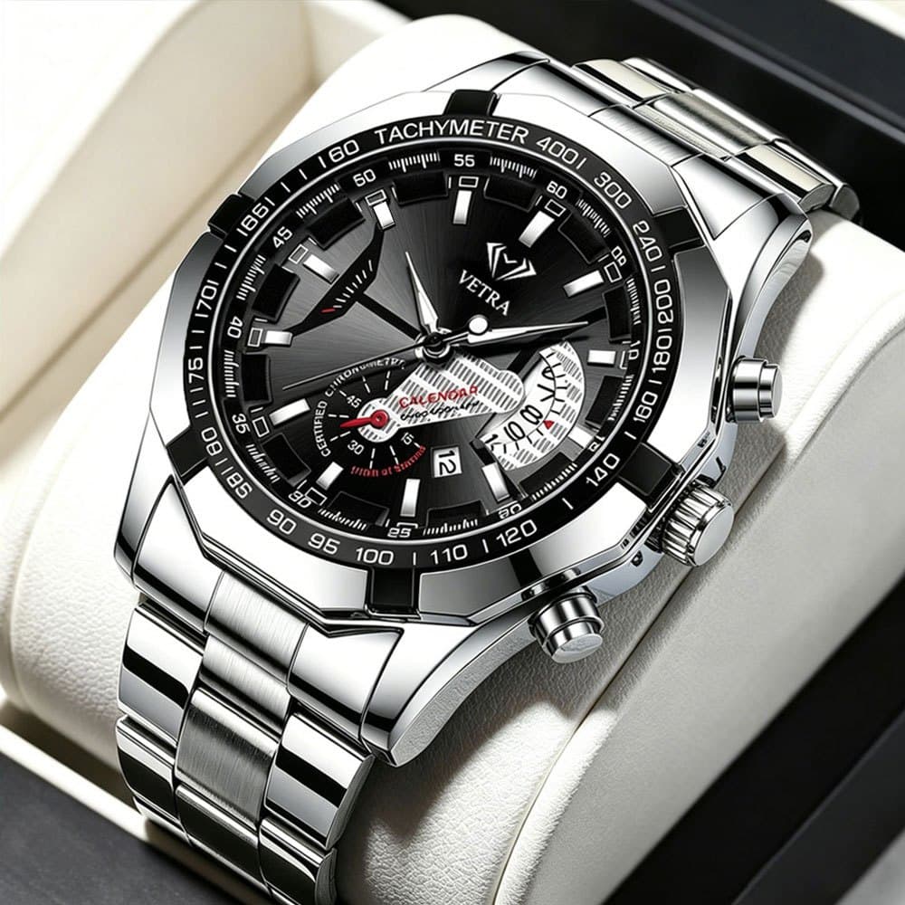 VETRA Relógio Masculino Original Relogio Luxo a Prova d Água Presente para Homem Aço Inoxidável Preto Prata 6138