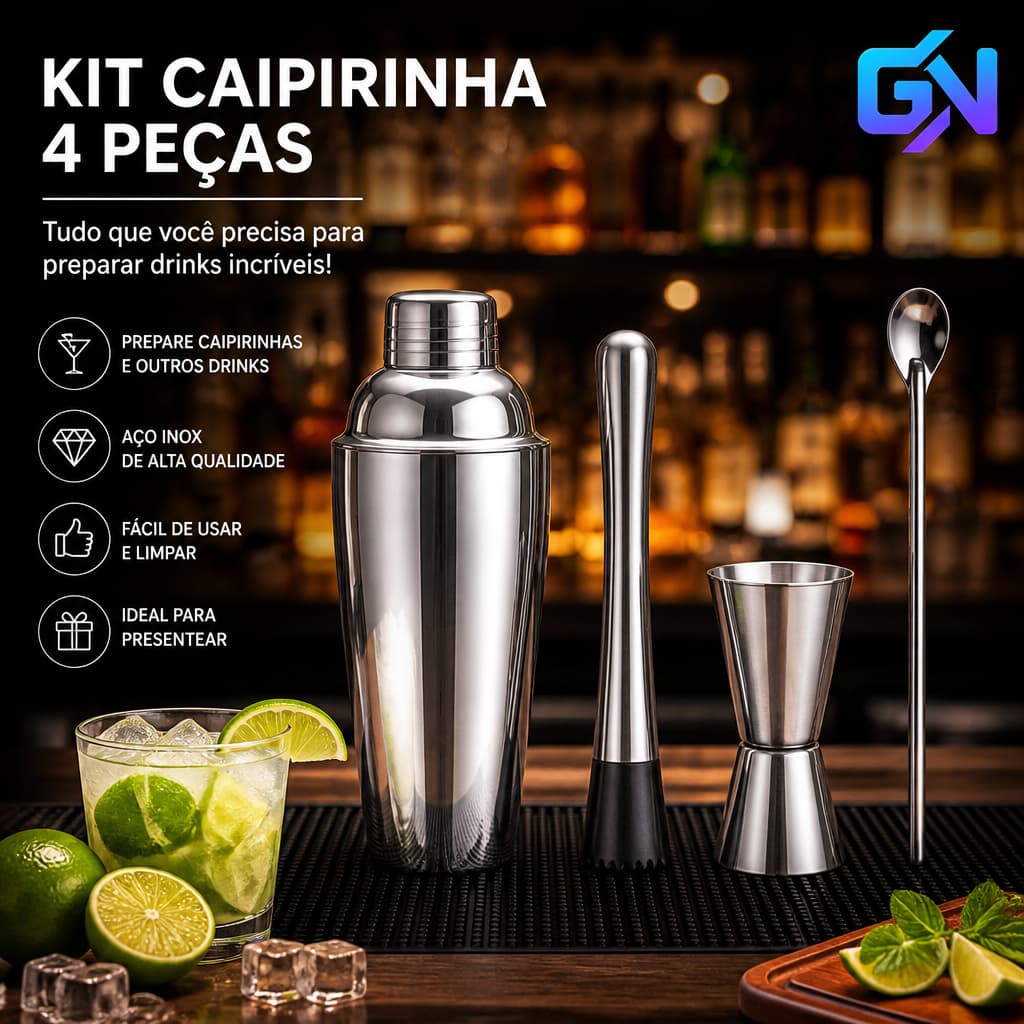 Coqueteleira 500ml Inox 4 Peças Com Muddler Colher Para Drinks Bartender