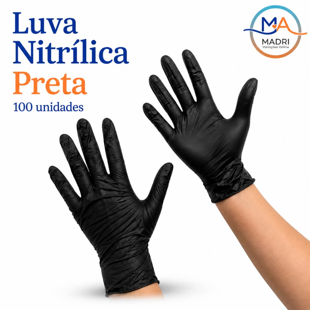Luva Nitrílica Preta 100 Unidades Sem Pó Descartável Profissional