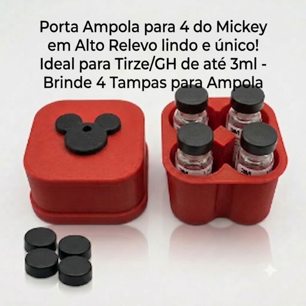Porta Ampola Frasco Organizador Mickey para 4 até 3ml Tirze/GH para Geladeira Brinde Tampas Moderno
