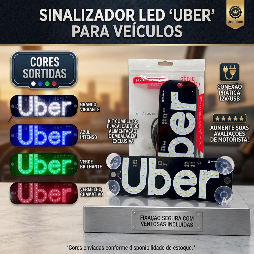Placa Painel Led Letreiro Luminoso Uber Parabrisa 12V USB Letreiro Sinalizador Profissional