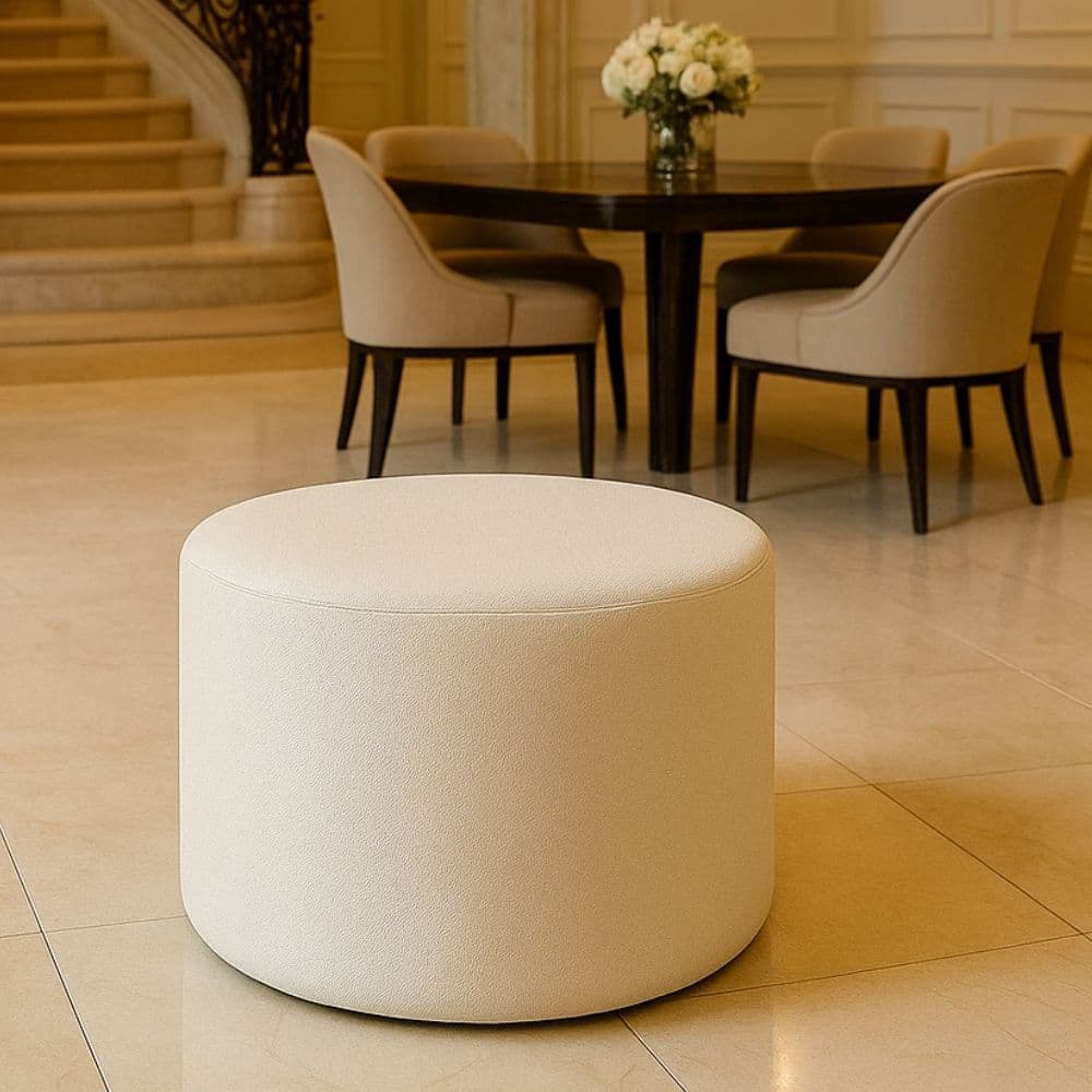 Puff Orgânico Liz Redondo Puf Banco Luxuoso Confortável Para Sala Quarto Design Moderno Suede Bege