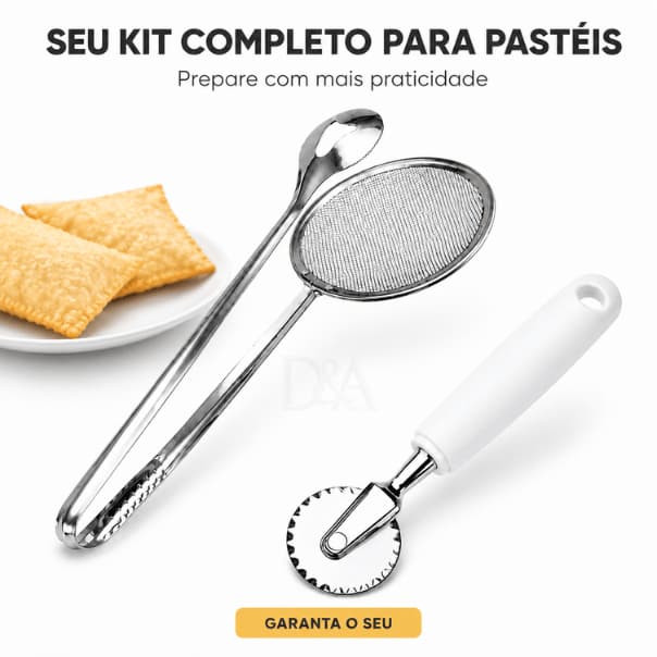 Kit Para Pastel 2 Em 1 Escumadeira Com Pegador + Carretilha Corta E Fecha Massa Fritura