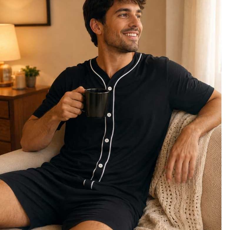 PIJAMA MASCULINO AMERICANO BOTÃO PRETO