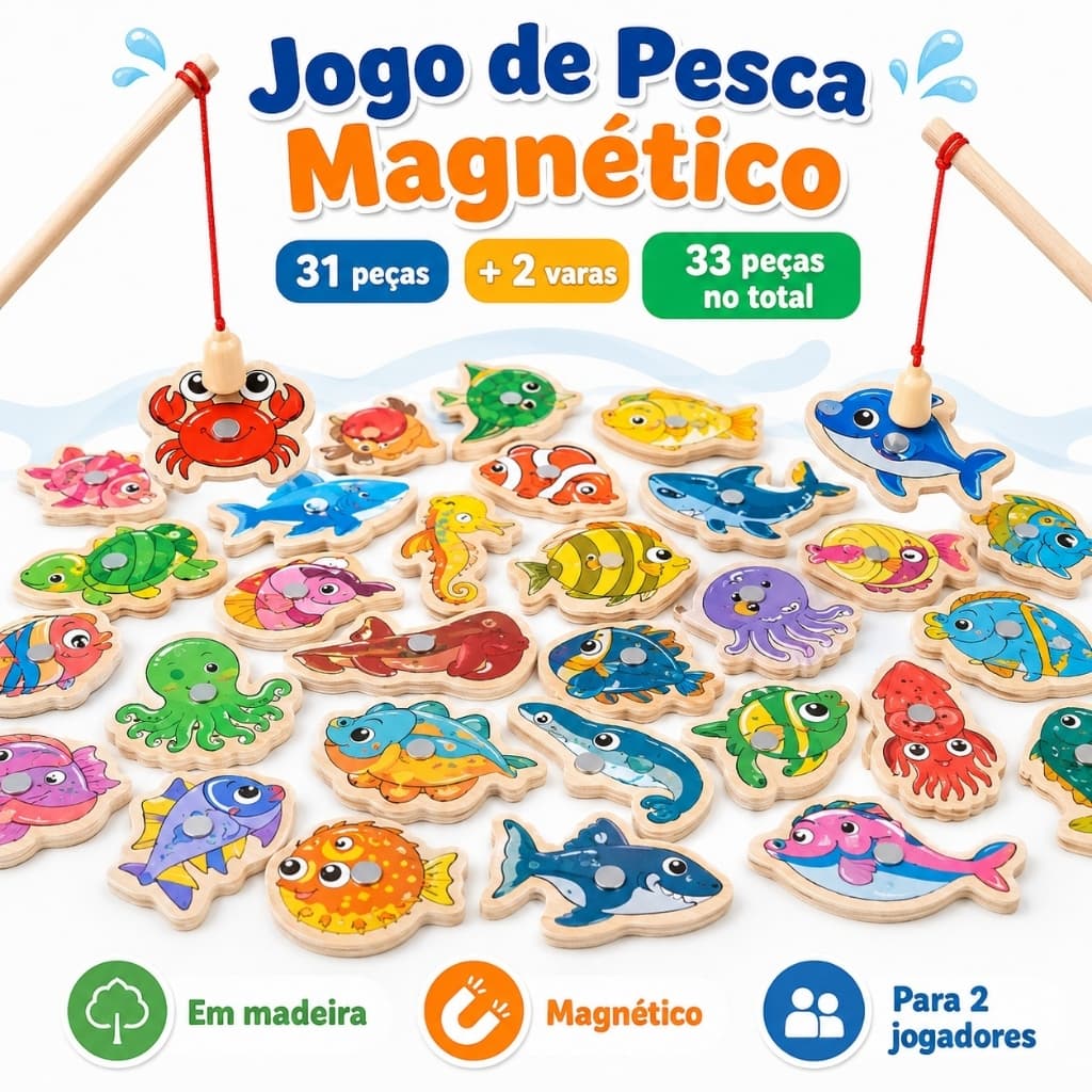 Pescaria Magnética Infantil de Madeira 33 Peças com 2 Varas Jogo de Pesca Brinquedo Educativo Animais Marinhos