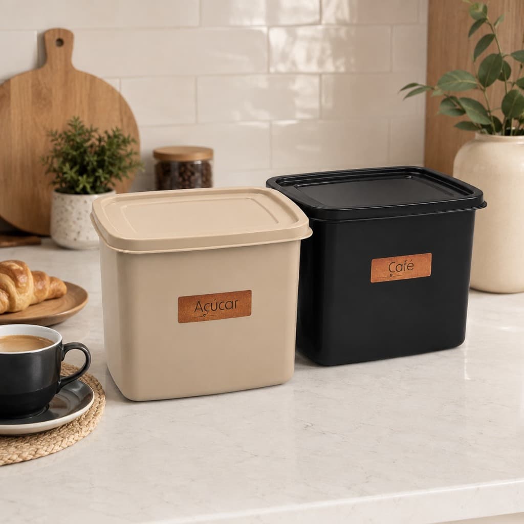 Kit 2 Potes Organizadores de Cozinha 2,5L Café e Açúcar Herméticos com Tampa – Potes Plásticos para Mantimentos