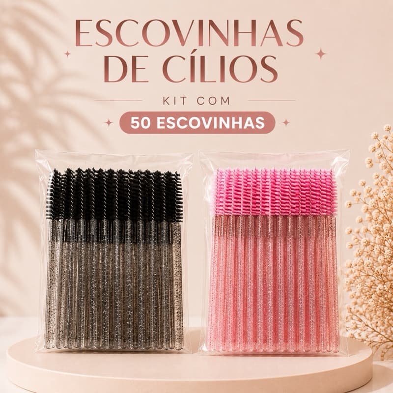 Kit 50 Escovinhas de Cílios Glitter Lash Designer Extensionista Aplicador Descartável