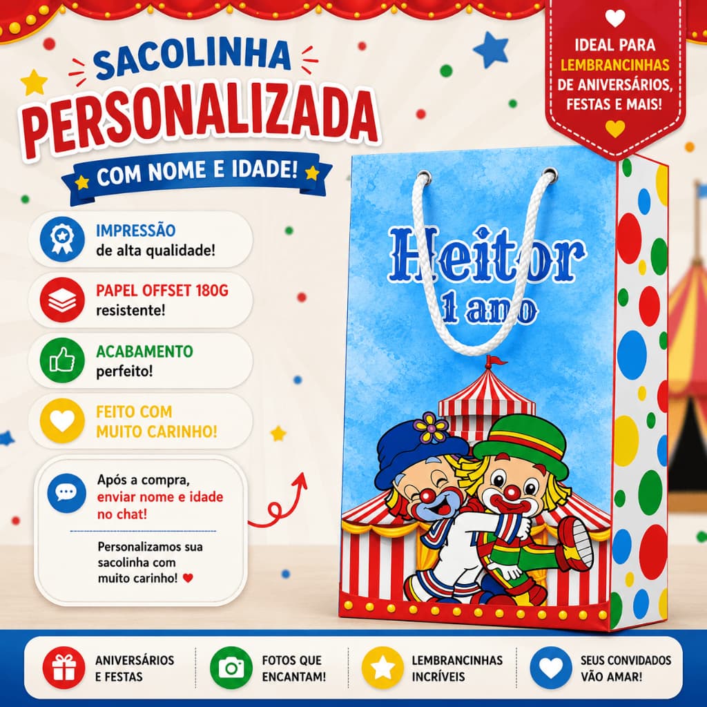 Sacolinha Personalizada Patati e Patata | Circo | Palhaço | Lembrancinha Personalizada