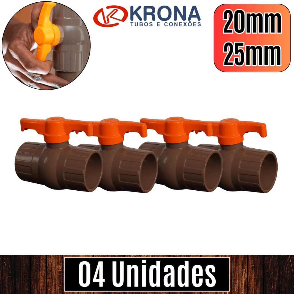 PCT de 04 Unds Registros esfera 20mm 1/2" e 25mm 3/4" p/ canos cola soldável PVC - Krona