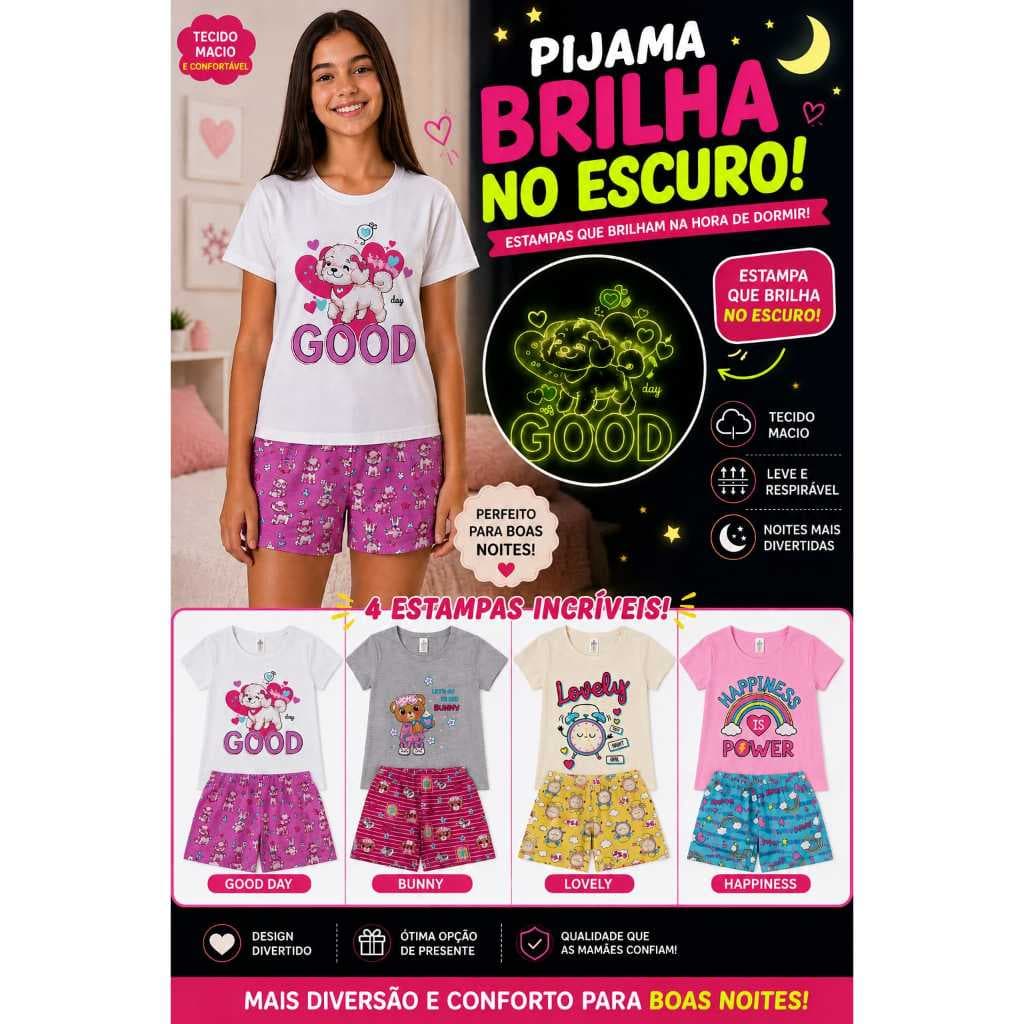 Kit 2 Pijamas Menina Infantil/Juvenil 10 ao 16 Estampa da Camiseta Brilha no Escuro Short Confortável