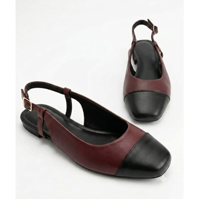 Sapatilha Feminina Flat Slingback Bicolor Marsala Bico Quadrado