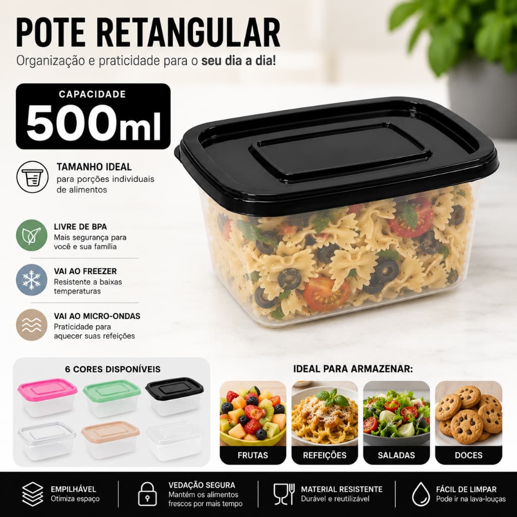 Kit Potes 500ml com Tampa Marmita Reutilizável para Alimentos 5/10/15/20 Unidades.