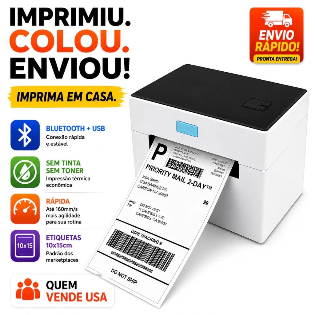 IMPRESSORA TÉRMICA DE ETIQUETAS 10X15 BLUETOOTH + USB 203 DPI 160MM/S