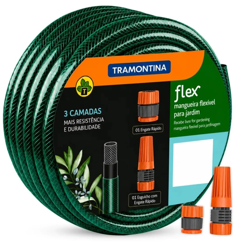 Mangueira Jardim Ate 50 Metros Tramontina Trançada 1/2" com 3" Camadas e Esguicho Bico Cor Verde-escuro