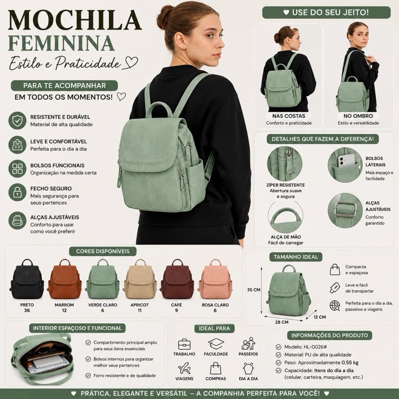 Mochila Feminina com Bolsos Laterais, Alças Ajustáveis e Fecho com Zíper – Leve, Prática e Espaçosa HL0026