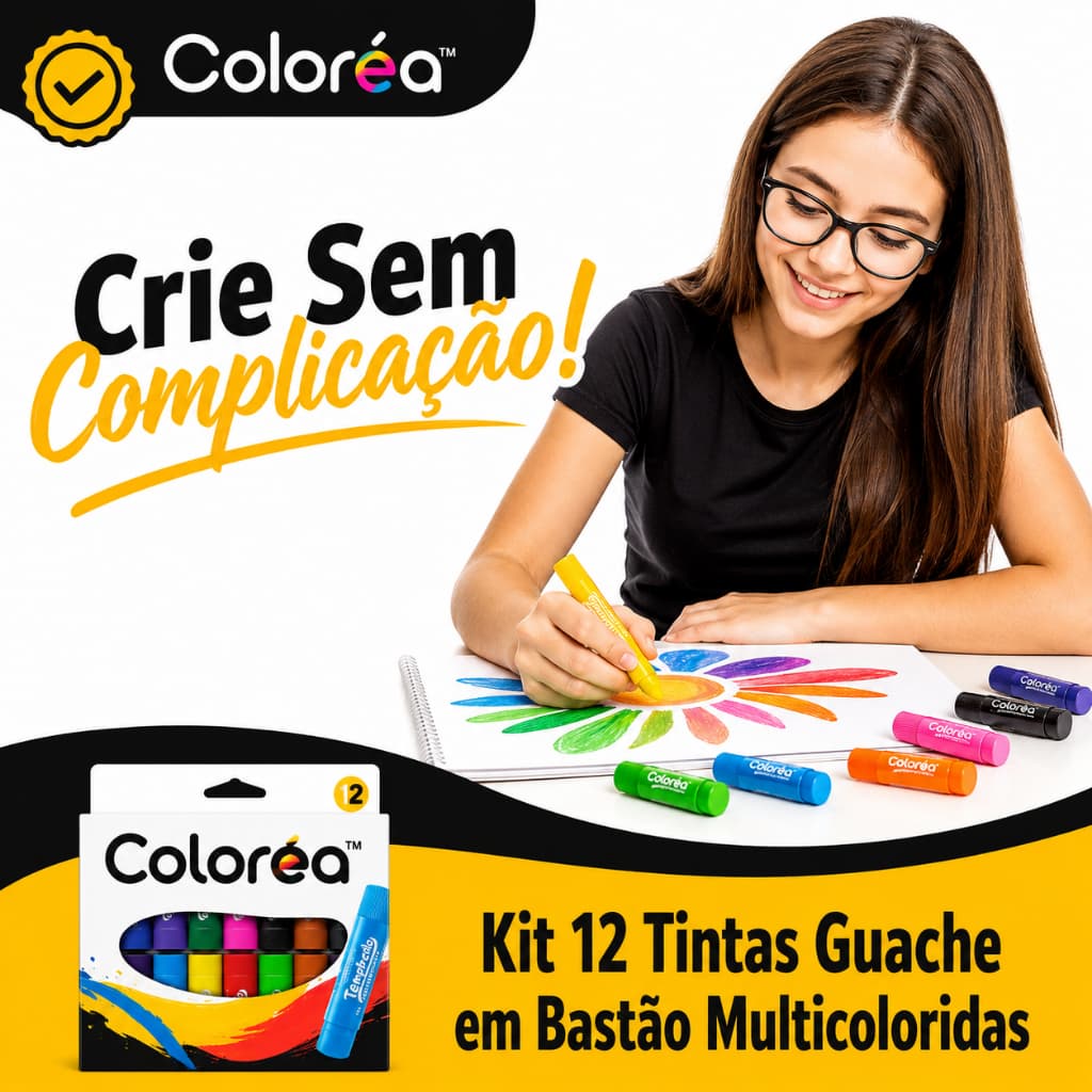 Kit 12 Tintas Guache em Bastão Multicoloridas Infantil Escolar Pintura Fácil Multicolorido Cores Vibrantes