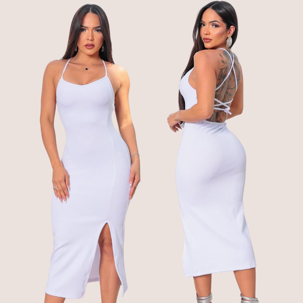 Vestido Midi Canelado Feminino Ajustado ao Corpo com Fenda Moda Festa Primavera