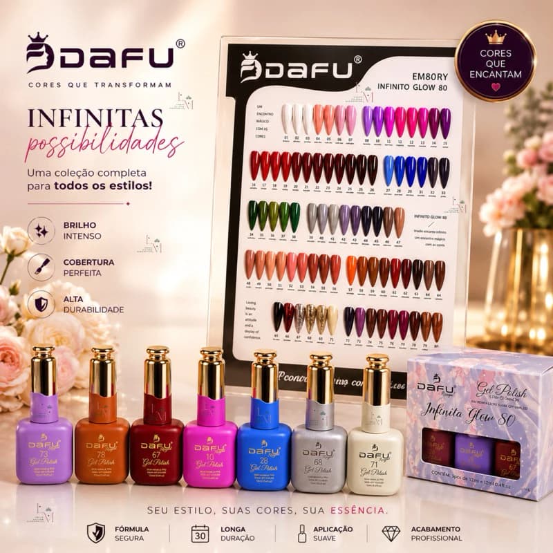 Esmaltes em Gel Dafu Nova Coleção Infinito Glow 80 Cores Lançamento 12ml UV LED Sem HEMA e TPO Alta Pigmentação