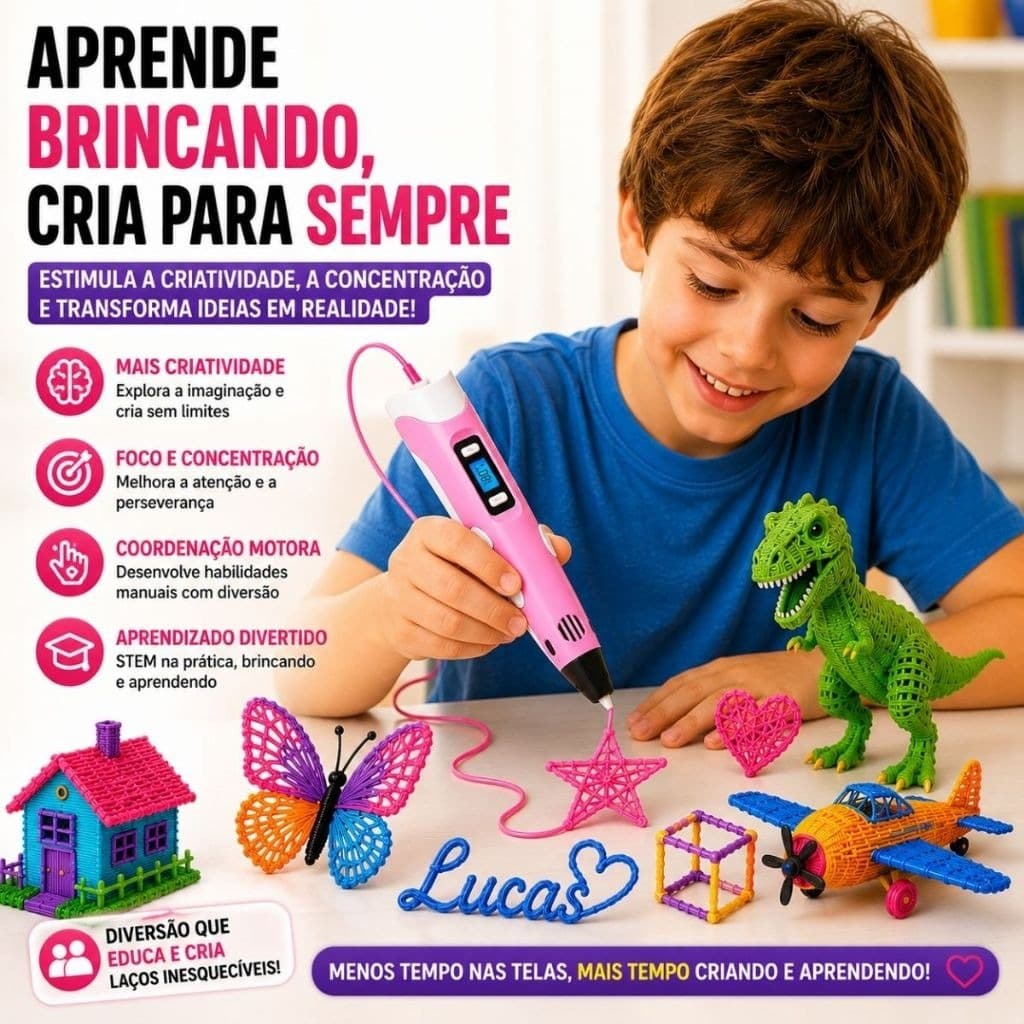 Caneta 3D Magica com Tela LCD e 10m Filamento PLA Gratis Brinquedo DIY Desenho Presente Aniversario Crianca PLA ABS