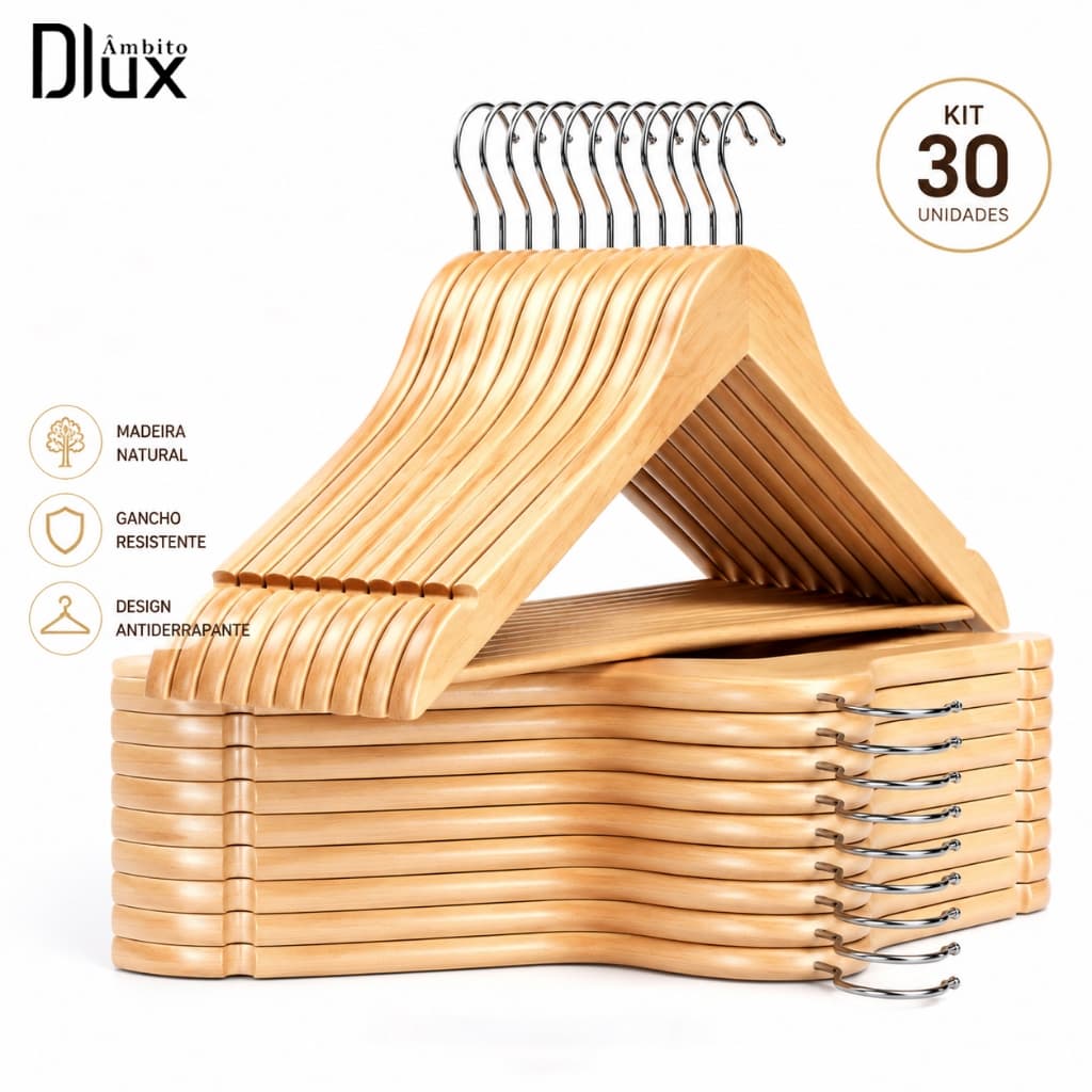 Ambito Dlux Kit 20 Cabides De Madeira Com Gancho Cromado Para Closet E Guarda Roupa Resistente