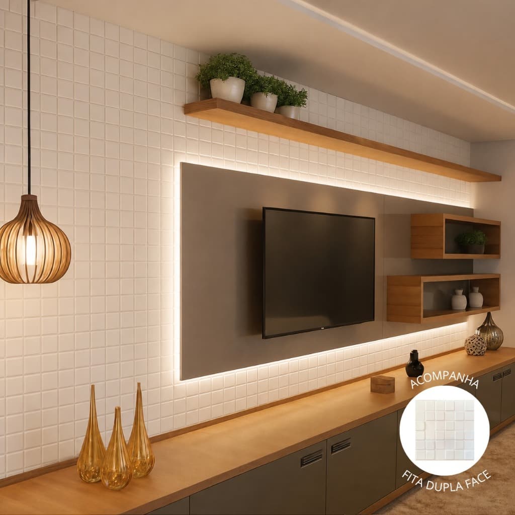 Kit 40 Placas 3D em PVC 25x25 cm para Revestimento Decorativo de Parede Com Fita Dupla Face