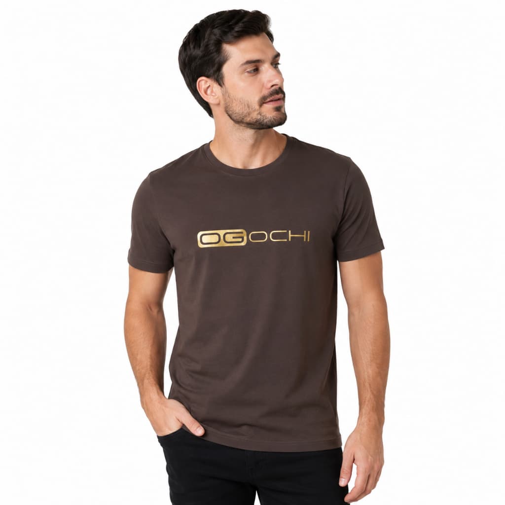 Camiseta Masculina Ogochi Estampada Slim 100% Algodão Marrom