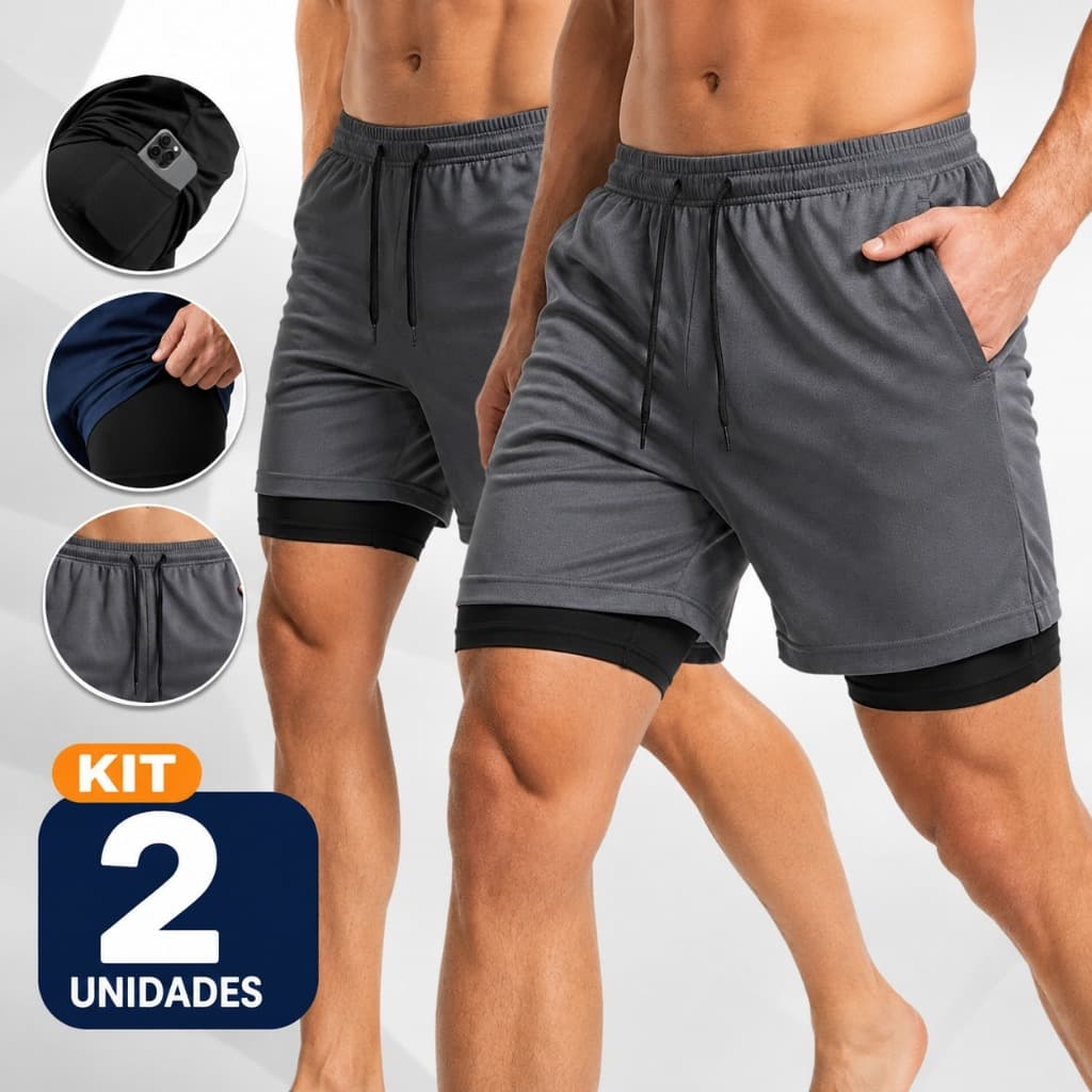 Bermuda Academia Masculina Kit 2 un Short 2 em 1 com Compressão