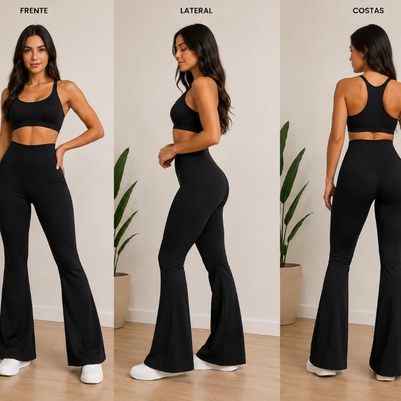 Kit 2 Calça Flare Feminina Suplex Premium Cintura Alta Modeladora Boca de Sino Zero Transparência