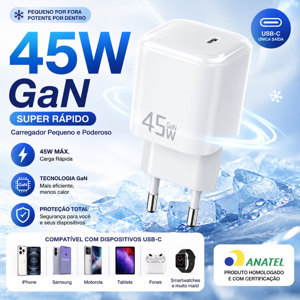 Carregador 45W PD GaN USB-C Super Rápido, Compacto e Não Esquenta para iPhone, iPad,Samsung, Motorola e Xiaomi