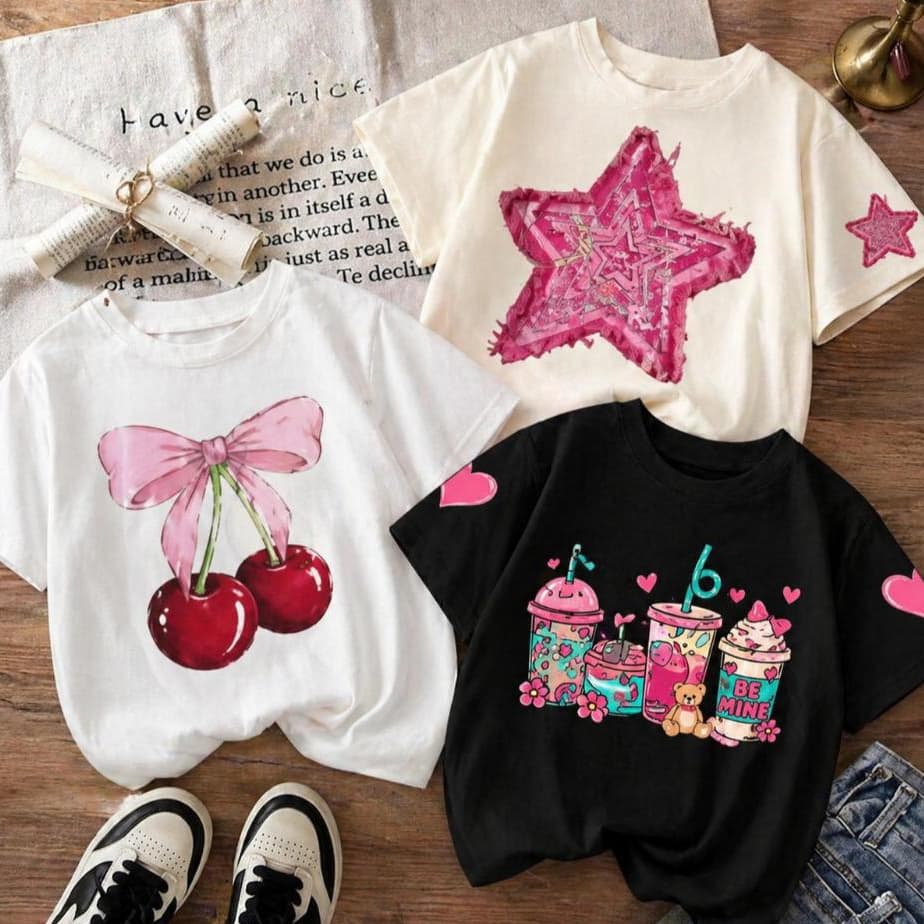 Kit 3 Camisetas Infantis Menina Blogueirinha Estampa Cereja TShirt Algodão Confortável Blusa Juvenil