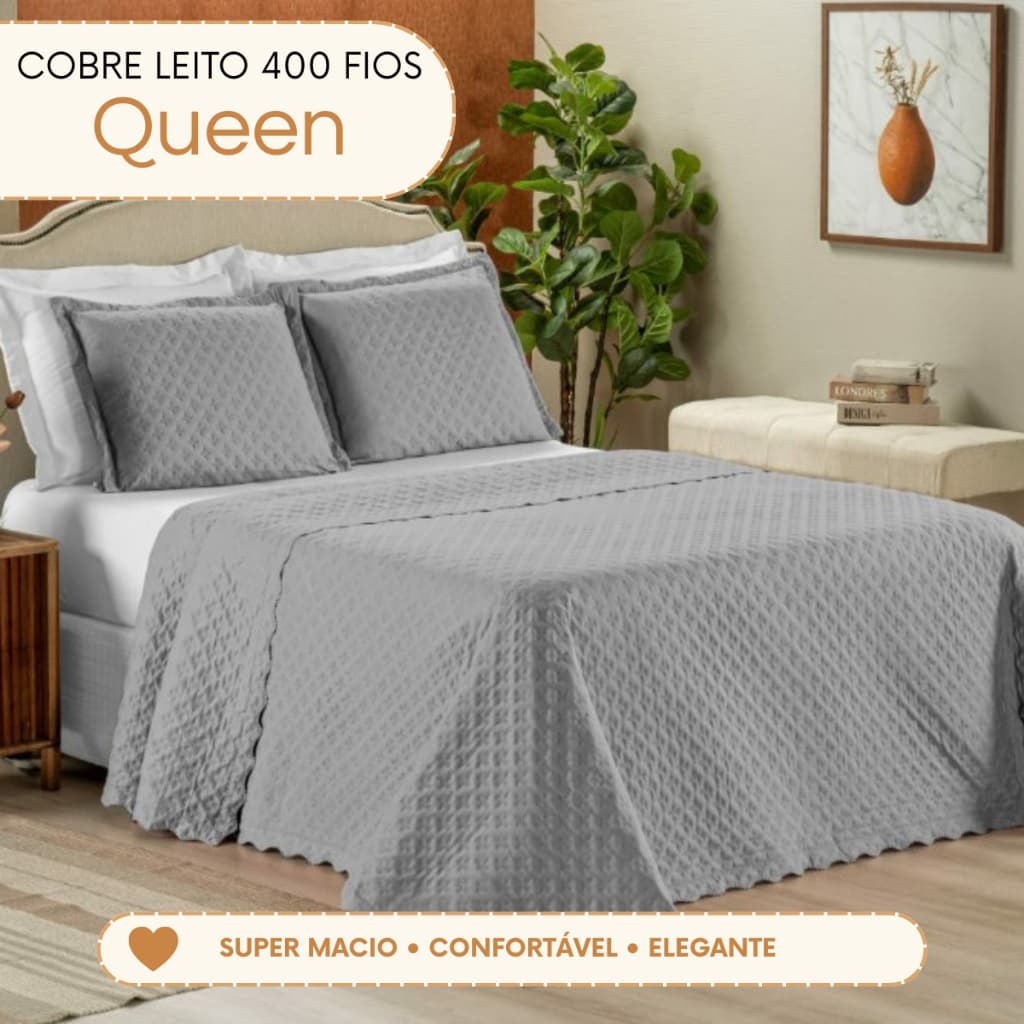 Kit Cobre Leito Colcha Queen 400 Fios 3 Peças Micropercal Floral Matelassê com 2 Porta Travesseiros Cama Posta