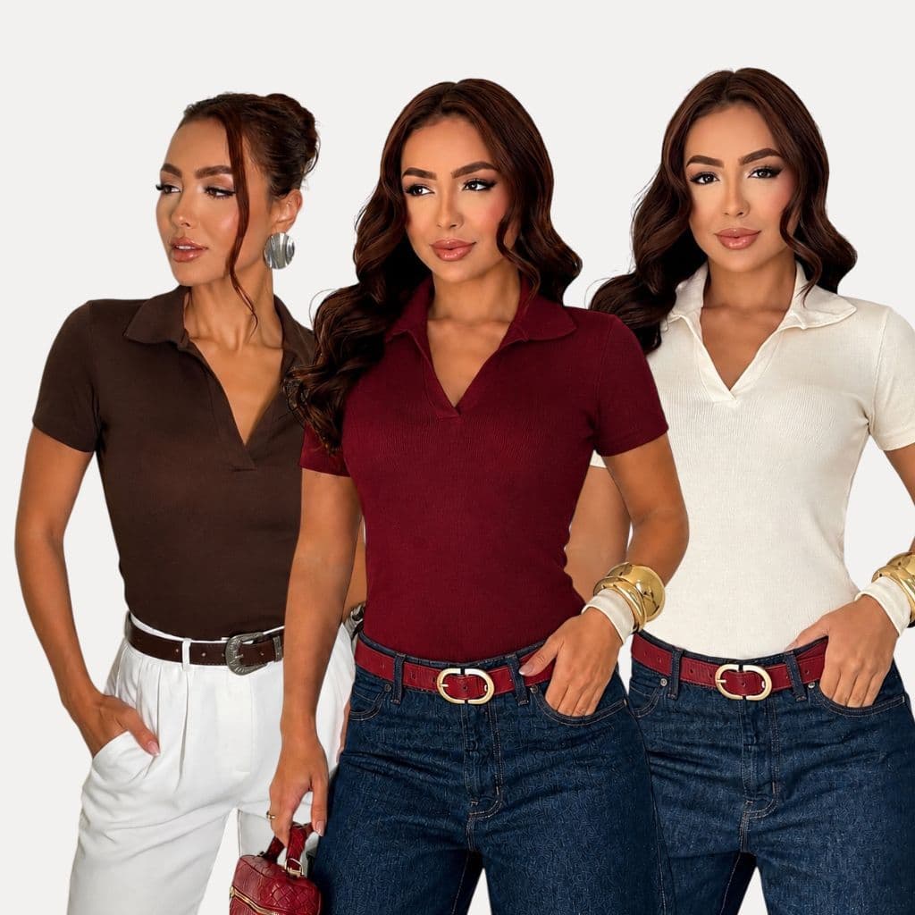 Camisa Polo Blusa Feminina Baby Look Ribana Canelada Manga Curta Trabalho Uniforme Casual Social Verão