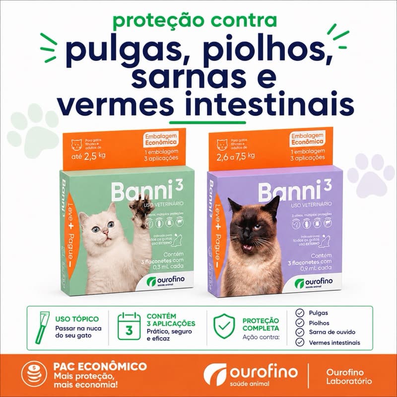 Banni³ Ourofino Antiparasitário Gatos – Pulgas, Piolhos, Sarnas e Vermes