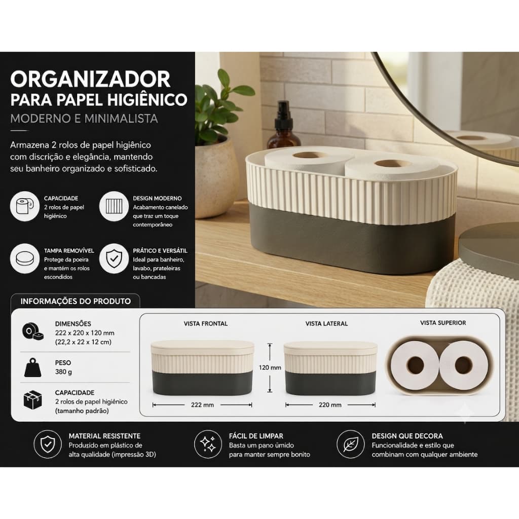 Porta Papel Higiênico 2 Rolos | Organizador de Banheiro Minimalista Moderno